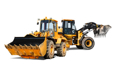 Two heavy front loaders or bulldozers on a white isolated background. Construction equipment and transport. Transportation and movement of bulk materials. Excavation. Element for designの写真素材