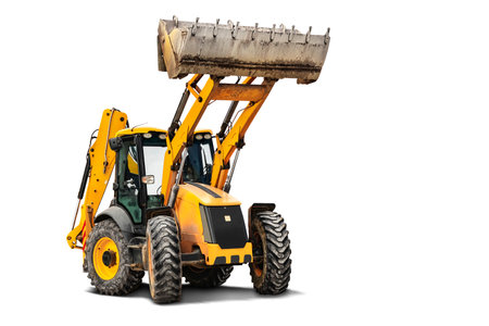 Large wheeled excavator loader or bulldozer on a white isolated background with a bucket raised up. Universal construction equipment. Rental of construction equipment. Contract for construction workの写真素材