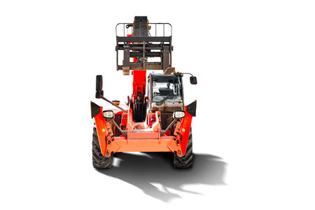Powerful wheel forklift with telescopic mast on a white isolated background. Construction equipment for lifting and moving loads. Forkliftの写真素材