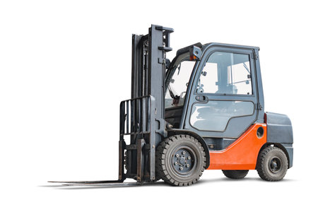 Forklift used to lift and move materials over short distances isolated on white background. Loading and moving goods in the warehouseの写真素材