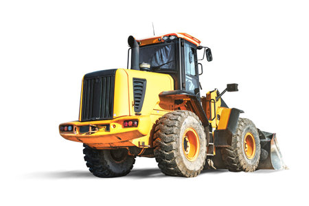 Large wheel loader or bulldozer on a white isolated background. Construction equipment. Element for design. Rental of construction equipment. Contract for construction work. Excavationの写真素材