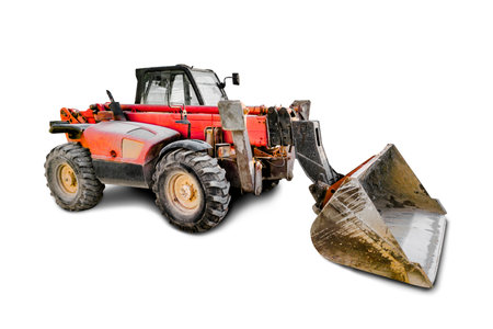 Heavy front loader or bulldozer on a white isolated background. construction machinery. Transportation and movement of bulk materials. Large bucket for earth, sand and gravelの写真素材