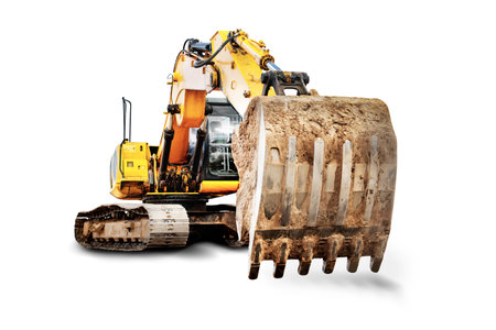 Crawler excavator with extended boom and big bucket isolated on white background. Powerful excavator with an extended bucket close-up. element for design. Rental of construction equipmentの写真素材
