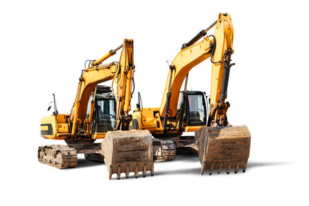 Two powerful crawler excavators isolated on white background. Powerful excavator with an extended bucket close-up. Construction equipment for earthworks. element for designの写真素材