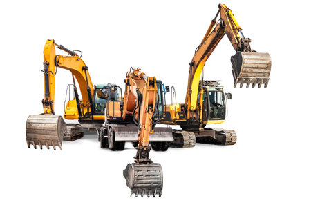 Three powerful excavators isolated on white background. Powerful excavator with an extended bucket close-up. Construction equipment for earthworks. element for designの写真素材