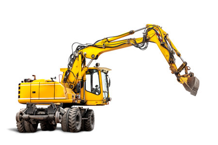 Wheeled excavator isolated on white background. Powerful excavator with an extended bucket close-up. An excavator that can run on rails. element for designの写真素材