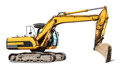 Crawler excavator isolated on white background. Powerful excavator with an extended bucket close-up. Construction equipment for earthworks. element for designの写真素材