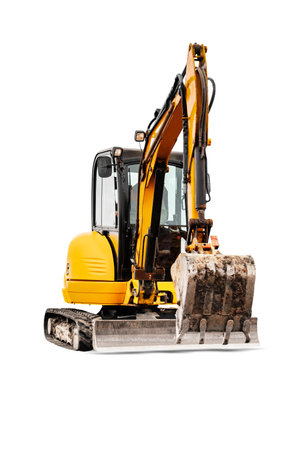Mini excavator on a white isolated background. Compact construction equipment for earthworks. close-up Element for design. Rental of construction equipmentの写真素材