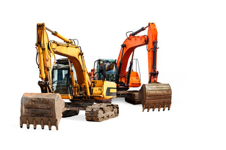 Two powerful crawler excavators isolated on white background. Powerful excavator with an extended bucket close-up. Construction equipment for earthworks. element for designの写真素材