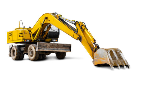Wheel excavator isolated on white background. Powerful excavator with an extended bucket close-up. Element for designの写真素材