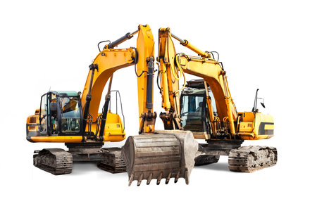 Two powerful crawler excavators isolated on white background. Powerful excavator with an extended bucket close-up. Construction equipment for earthworks. element for designの写真素材