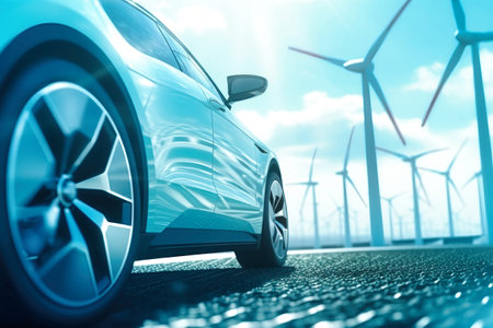 An electric car drives past wind turbines on a road, harnessing renewable energy. Selective focus.の素材