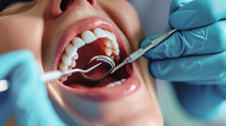 A woman being examined by a dentist as her teeth are being brushed.の素材