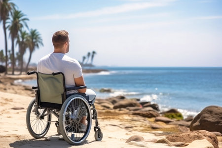 A man in a wheelchair enjoying the beauty of a beach sunset. Disabled man on the beach.の素材