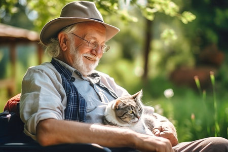 An elderly man in a wheelchair holds a white cat.の素材