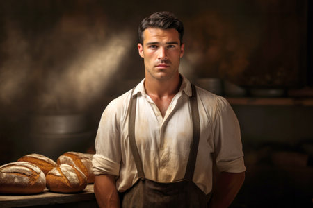 A male baker stands confidently in front of a rack of freshly baked bread in his home bakery.の素材
