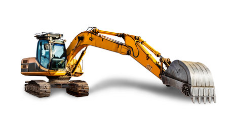 Crawler excavator with extended boom and big bucket isolated on white background. Powerful excavator with an extended bucket close-up. element for designの写真素材