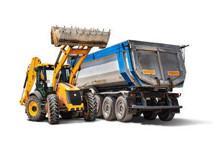 Mining dump truck and bulldozer loader close-up on a white isolated background.Construction equipment for earthworks. element for designの写真素材