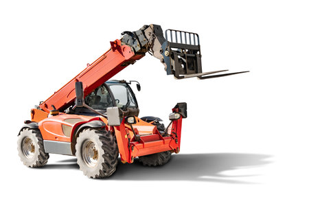 Powerful wheel forklift with telescopic mast on a white isolated background. Construction equipment for lifting and moving loads. Forkliftの写真素材