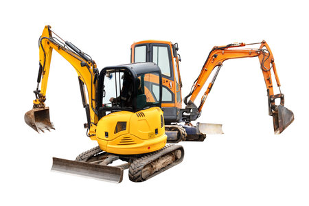 Mini excavators excavator isolated on white background. Construction equipment for earthworks in cramped conditions. Rental of construction equipmentの写真素材
