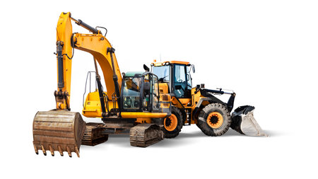 Excavator and bulldozer loader close-up on a white isolated background.Construction equipment for earthworks. element for designの写真素材