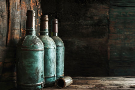 Bottles of wine and a pile of grapes are placed on a table, showing the elements of wine production and storage.の素材