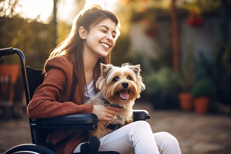 A woman in a wheelchair affectionately holds a small dog in her lap.の素材