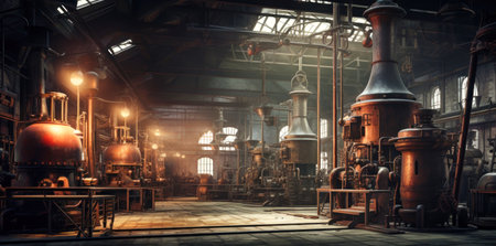 A sprawling industrial workshop housing a wide variety of pipes and equipment for efficient production.の素材