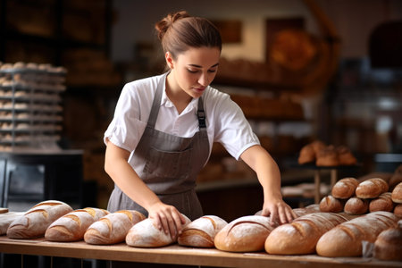 A woman baker is seen crafting bread in her own home bakery. Home bakery. Private business.の素材
