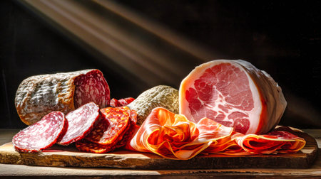 Enjoy a delectable assortment of different types of meat, including the finest Jamon and ham, displayed tastefully on a table.の素材