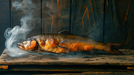 A photo of a couple of fish sitting on top of a wooden table.の素材