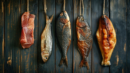 A variety of smoked fish, including salmon and trout, are seen hanging neatly on a rope.の素材