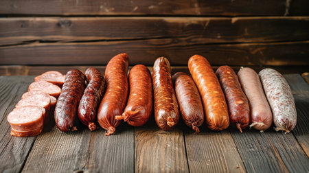 A photo showing five distinct varieties of sausage, suspended from strings in a farm cellar.の素材