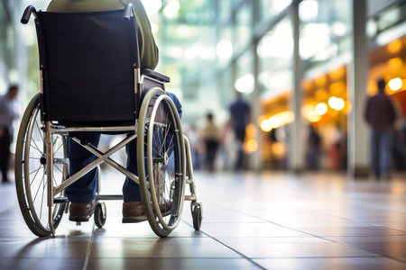 A person sitting in a wheelchair resting on a tiled floor. Concept for supporting people with disabilities.の素材