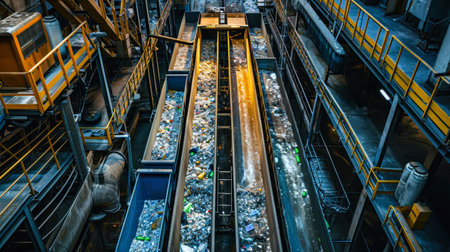 A conveyor belt at a garbage processing plant is filled to capacity with various types of waste, ready for sorting and recycling. Selective focus.の素材