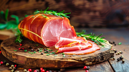 A mouthwatering sight of a wooden cutting board covered in an array of farm-produced ham, showing a scrumptious selection of perfectly cured meat.の素材