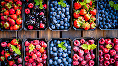 A table filled with trays of fresh and vibrant strawberries, raspberries, blackberries, and blueberries, an inviting sight at the farmers market.の素材