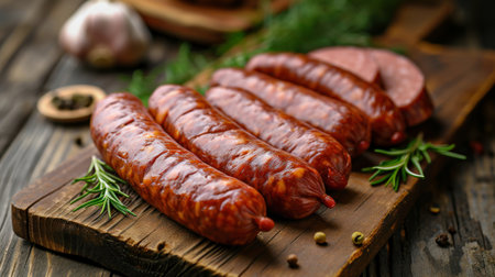 A bunch of homemade, smoked sausages is neatly lined up on a table in a farm cellar.の素材