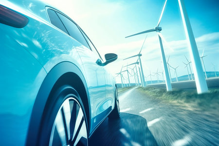 An electric car travels down a road as windmills stand tall in the background. Selective focus.の素材