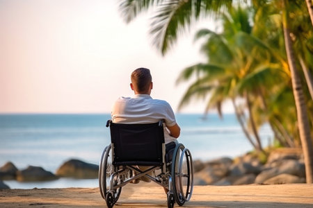 A man in a wheelchair sits on the sandy beach and gazes off into the distance with a smile. Disabled man on the beach.の素材
