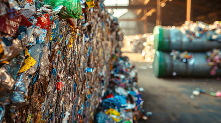 A large amount of plastic bottles stacked on top of each other at a garbage processing plant during the sorting and recycling of waste. Selective focus.の素材