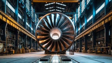 A photograph of a large machine, a powerful turbine, located within the confines of a factory workshop.の素材