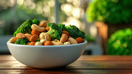 A bowl filled with a variety of nuts and topped with fresh broccoli sits on a table.の素材