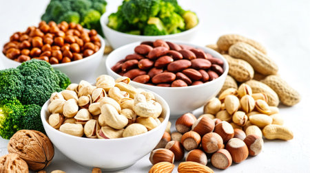 A group of bowls containing a diverse assortment of food, including various types of nuts.の素材