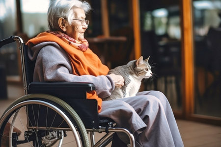 A woman in a wheelchair enjoying a moment of connection as she gently strokes a cat.の素材