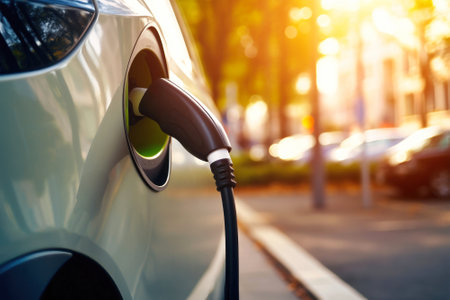 Charging electric station for charging cars in the underground parking. The concept of ecological energy systemsの素材