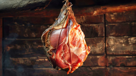 A photo capturing the process of ham production, showing a piece of meat hanging from a hook.の素材