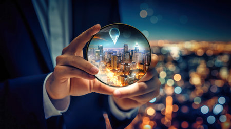Businessman realtor holds magnifying glass over city, inspecting details. Urban landscape viewed through magnifier. Mortgage, rental and home sales.の素材