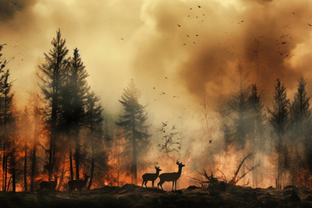 A deer stands in front of a raging forest fire, highlighting the environmental threat posed by wildfires. Forest fire.の素材