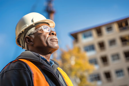 A senior African American construction worker donning a hard hat and protective eyewear on a job site.の素材